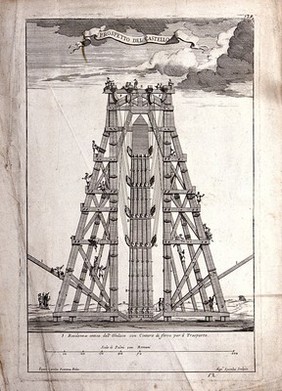 Machinery: plan and elevation of scaffolding erected to raise an obelisk in Rome. Engraving by A. Specus, after D. Fontana.