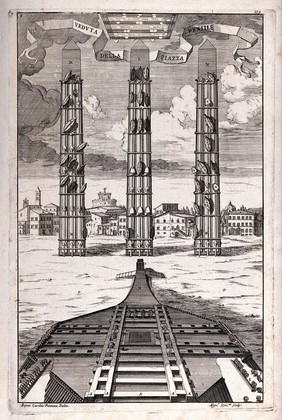 Machinery: plan and elevation of scaffolding erected to raise an obelisk in Rome. Engraving by A. Specus, after D. Fontana.