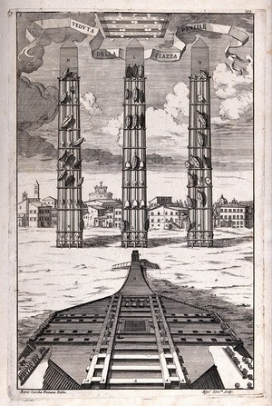 view Machinery: plan and elevation of scaffolding erected to raise an obelisk in Rome. Engraving by A. Specus, after D. Fontana.