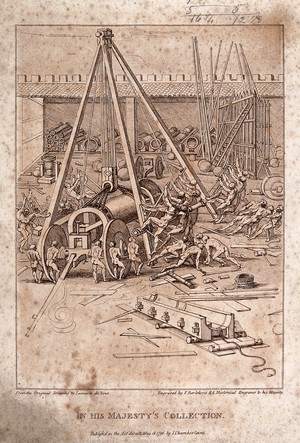 view Engineering: a hoist in use at an arsenal. Engraving by F. Bartolozzi, 1796, after Leonardo da Vinci.