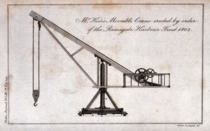 view Civil engineering: a moveable crane at Ramsgate Harbour, Kent, seen in side elevation. Engraving by Mutlow.