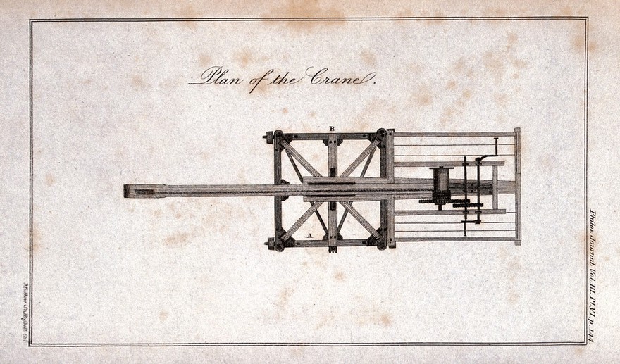 Civil engineering: a moveable derrick at Ramsgate Harbour, Kent, seen in plan. Engraving by Mutlow.
