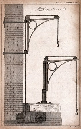 Engineering: side elevation of the Bramah lifting jib. Engraving by W. Lowry after J. Farey.