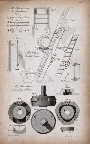 view Engineering: lifting gear with block and tackle. Engraving by T. Bradley.