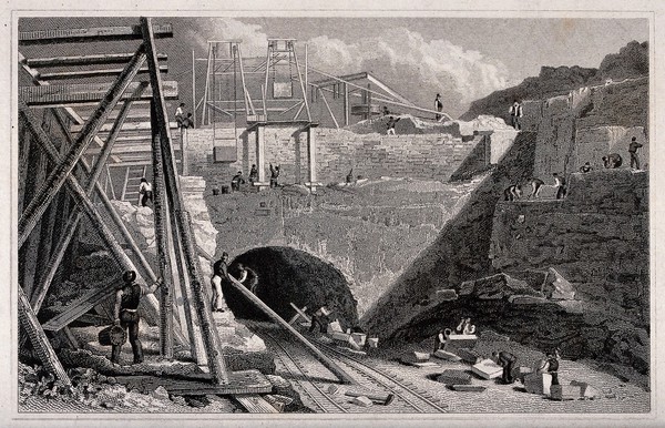 Liverpool: a railway tunnel cut into the mountain side with men working on scaffolding above and cutting stone below. Engraving by J. Davies  after C. and G. Pyne.