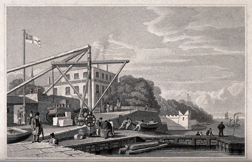 Birkenhead Ferry, opposite Liverpool: dockside scene with men working near a crane. Engraving by J. Davies, 1831, after C. and G. Pyne.