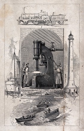 Machinery: a steam-hammer and operatives. Wood engraving, c.1870 (?).