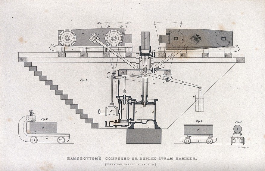 Machinery: a double-action steam hammer. Engraving by J. W. Lowry.