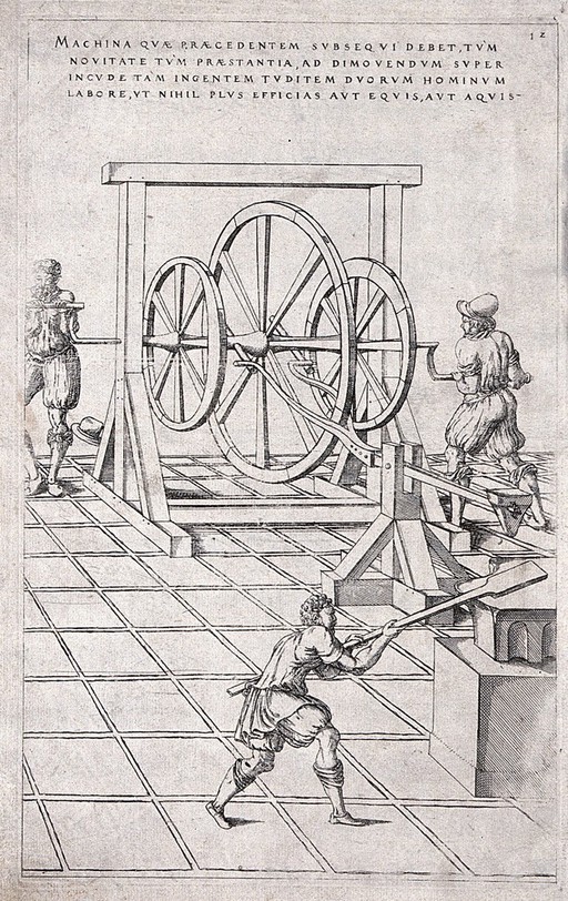 Machinery: a kind of crank-driven hammer, with a man working at a forge. Engraving after J. Besson.