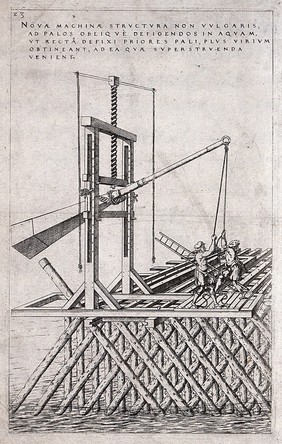 Machinery: a pile-driving hammer, mounted on existing piles, with two men operating it. Engraving after J. Besson.