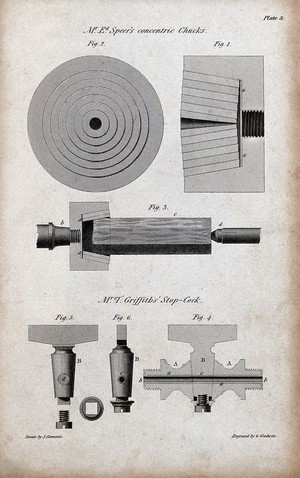 view Engineering: a chuck for a lathe, and a stopcock. Engraving by G. Gladwin after J. Clements.