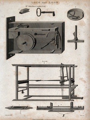 view Engineering: a lock, showing the key, and a loom, with shuttle. Engraving by Porter after J. Farey, junior.