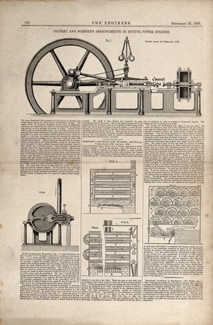 view Engineering: a steam engine, and drying chambers. Wood engraving by E. Jewitt, 1856.