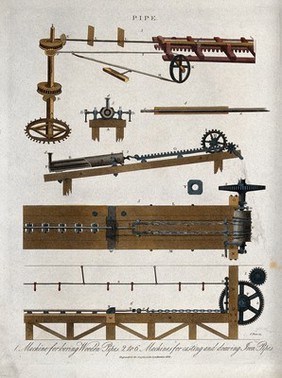 Engineering: a drill for boring wooden pipes (above), and a casting bench for iron pipes (below). Coloured engraving by J. Pass, 1825.
