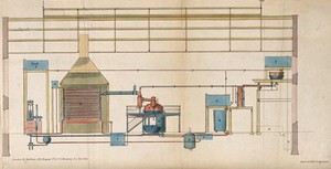 view Engineering: a steam-engine, showing the water-supply and condensing chamber. Coloured lithograph by Day and son, 1851.