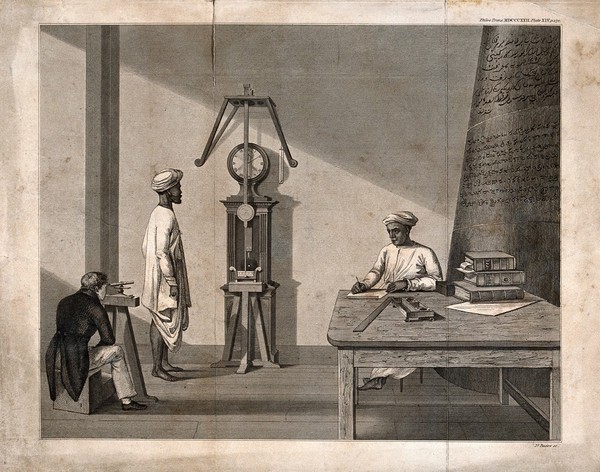 Measurement: a scholar making observations of a pendulum, with two servants, one writing at a table. Engraving by J. Basire, 1822, after J. Goldingham, 1821.