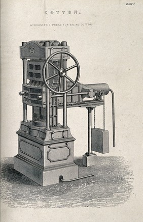 Textiles: a steam-driven baling machine for cotton. Engraving.