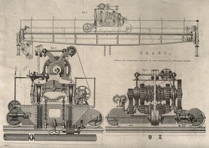 view Machines: a steam-driven crane at Woolwich Arsenal. Engraving, c.1858.