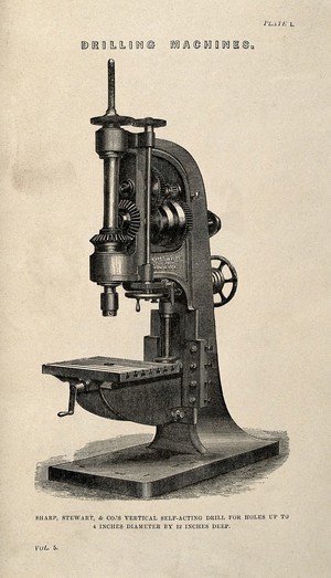 view Engineering: three-quarter view of a large stand drill. Engraving, c.1861.