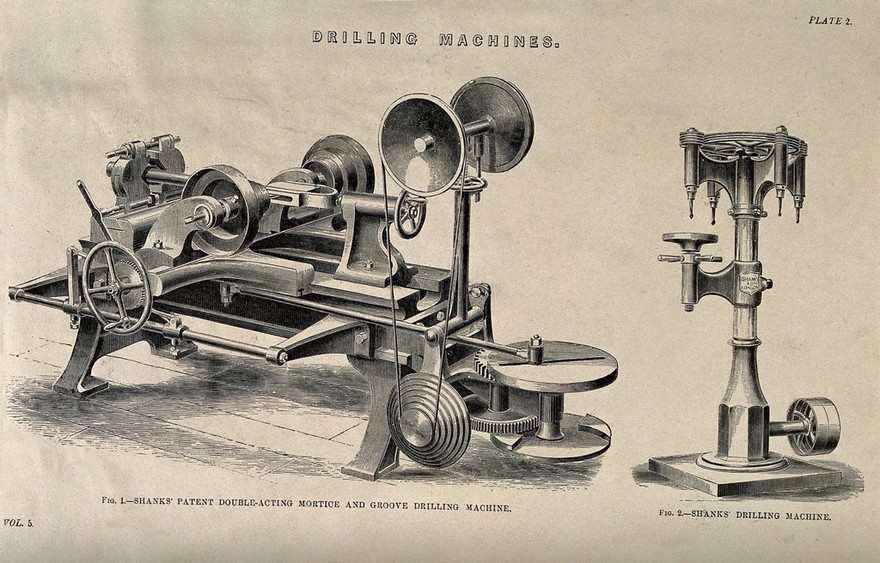 Engineering: three-quarter views of two drilling machines, one with multiple heads. Engraving, c.1861.