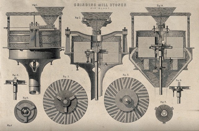 Milling: three industrial, steam-driven, milling machines. Engraving, c.1861.