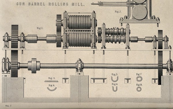 Engineering: rolling mill used to produce gun barrels, with different stages in producing the shape shown below. Engraving c.1861.