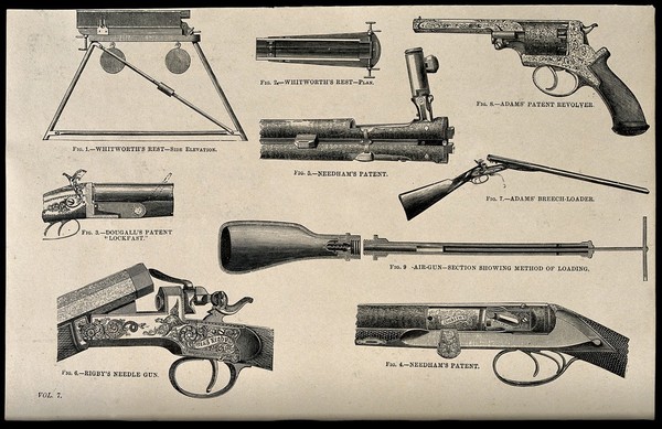 Armaments: a variety of sporting guns. Engraving, c.1861.