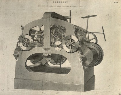 Clocks: the mechanism of a large clock. Engraving, c.1861.