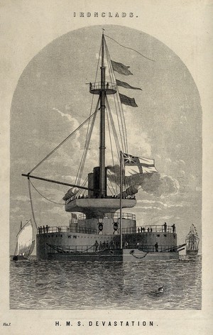 view Armaments: an ironclad battleship, H.M.S. Devastation. Engraving, c.1861.