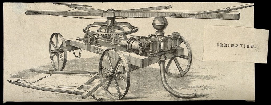 Engineering: a pump for irrigating fields. Engraving, [post 1861].