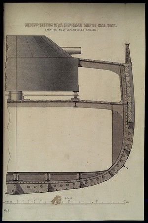 view Engineering: section through the hull of an ironclad battleship. Engraving, c.1861.