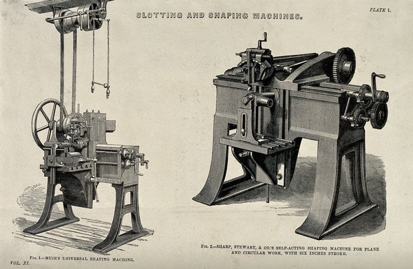 Engineering: three-quarter views of two milling machines. Engraving, c.1861.