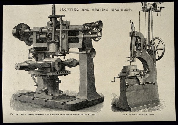 Engineering: three-quarter views of two milling machines. Engraving, c.1861.