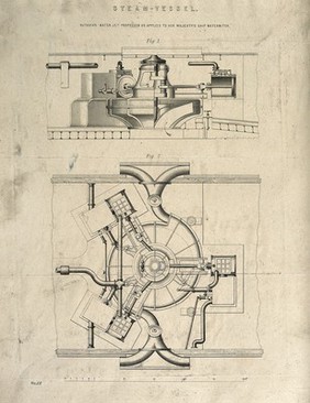 Ship-building: plan and side elevation of a steam-driven water turbine, installed in a ship. Engraving.