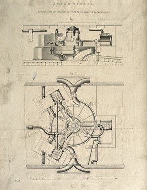 view Ship-building: plan and side elevation of a steam-driven water turbine, installed in a ship. Engraving.