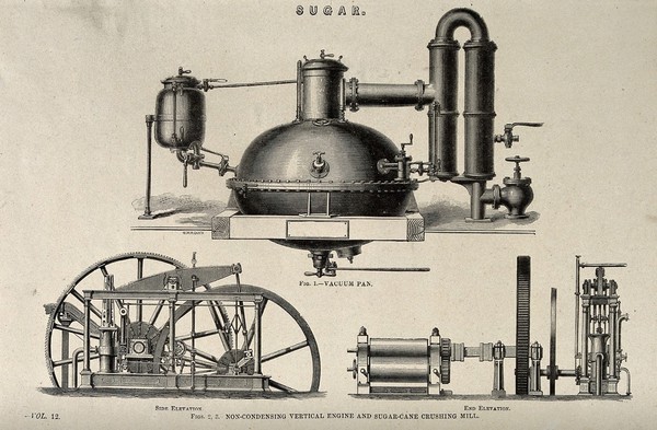 Machinery: a steam-driven sugar mill. Engraving, 1861.