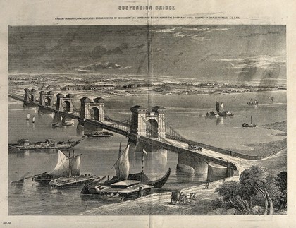 Civil engineering: the Kiefe suspension bridge. Engraving, c.1861.