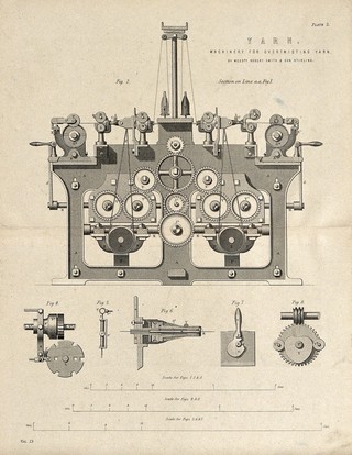 Textiles: an automatic twisting machine for yarn. Engraving c.1861.