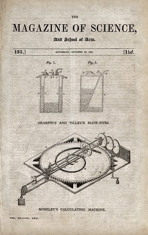 view Science: a pair of blow-pipes (above), and a calculating engine (below). Wood engraving, 1841.