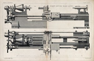 view An industrial lathe for cutting screw threads: from the side (upper figure) and from above (lower figure). Lithograph by Mackay & Kirkwood, 1860.