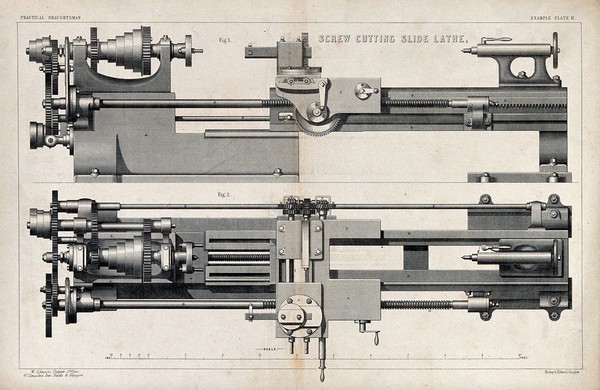 An industrial lathe for cutting screw threads: from the side (upper figure) and from above (lower figure). Lithograph by Mackay & Kirkwood, 1860.