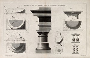 view Diagrams of shadows, and renderings of architectural elements with shadows. Lithograph by Mackay & Kirkwood, 1860.