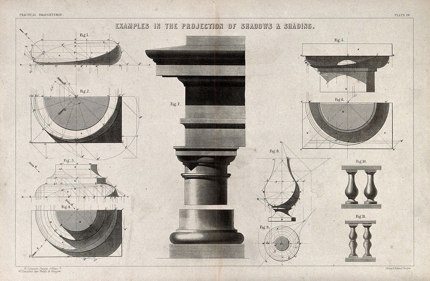Diagrams of shadows, and renderings of architectural elements with shadows. Lithograph by Mackay & Kirkwood, 1860.