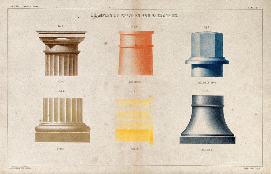 Technical drawing: conventions for colour-coding materials in architectural elevations. Colour lithograph by Mackay & Kirkwood, 1860.