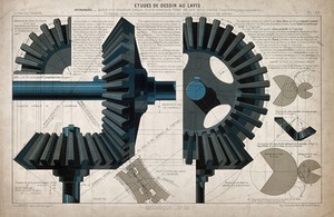 view Engineering: large cogs meshing together, and diagrams of epicycloid curves. Coloured lithograph, 1905, by Stanislas Petit.