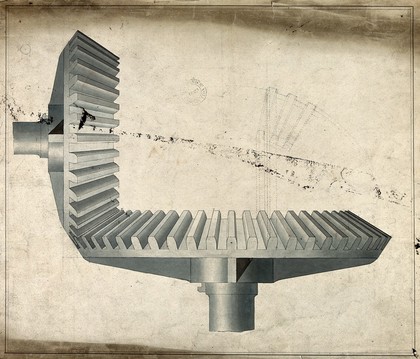 Engineering: two intermeshed crown gears. Coloured drawing, 1845.