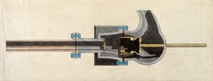 view Engineering: a valve or tap, with a spout, in section. Coloured drawing, 1845.