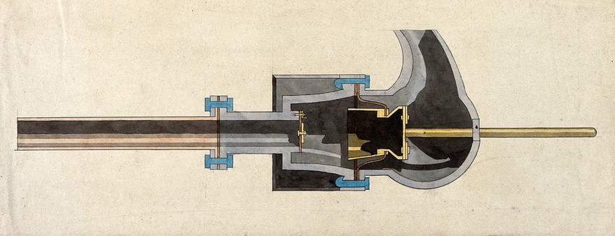 Engineering: a valve or tap, with a spout, in section. Coloured drawing, 1845.
