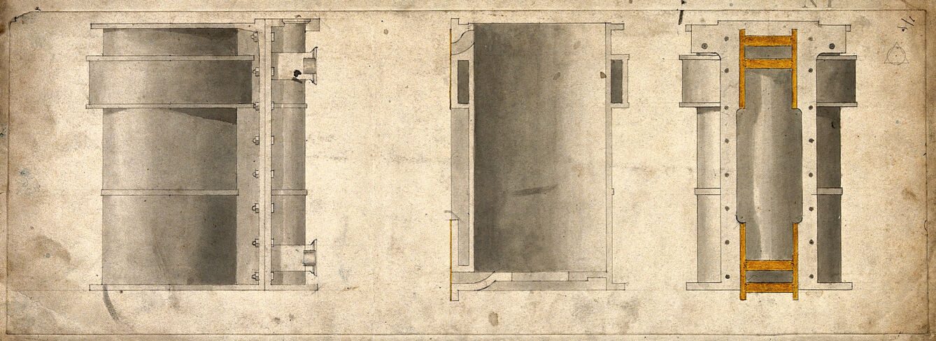 Engineering: a cylindrical tank, section, front and side elevations. Coloured drawing, 1845.
