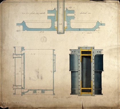 Engineering: a valve guide or casing [?], sectional views. Coloured drawing, 1845.